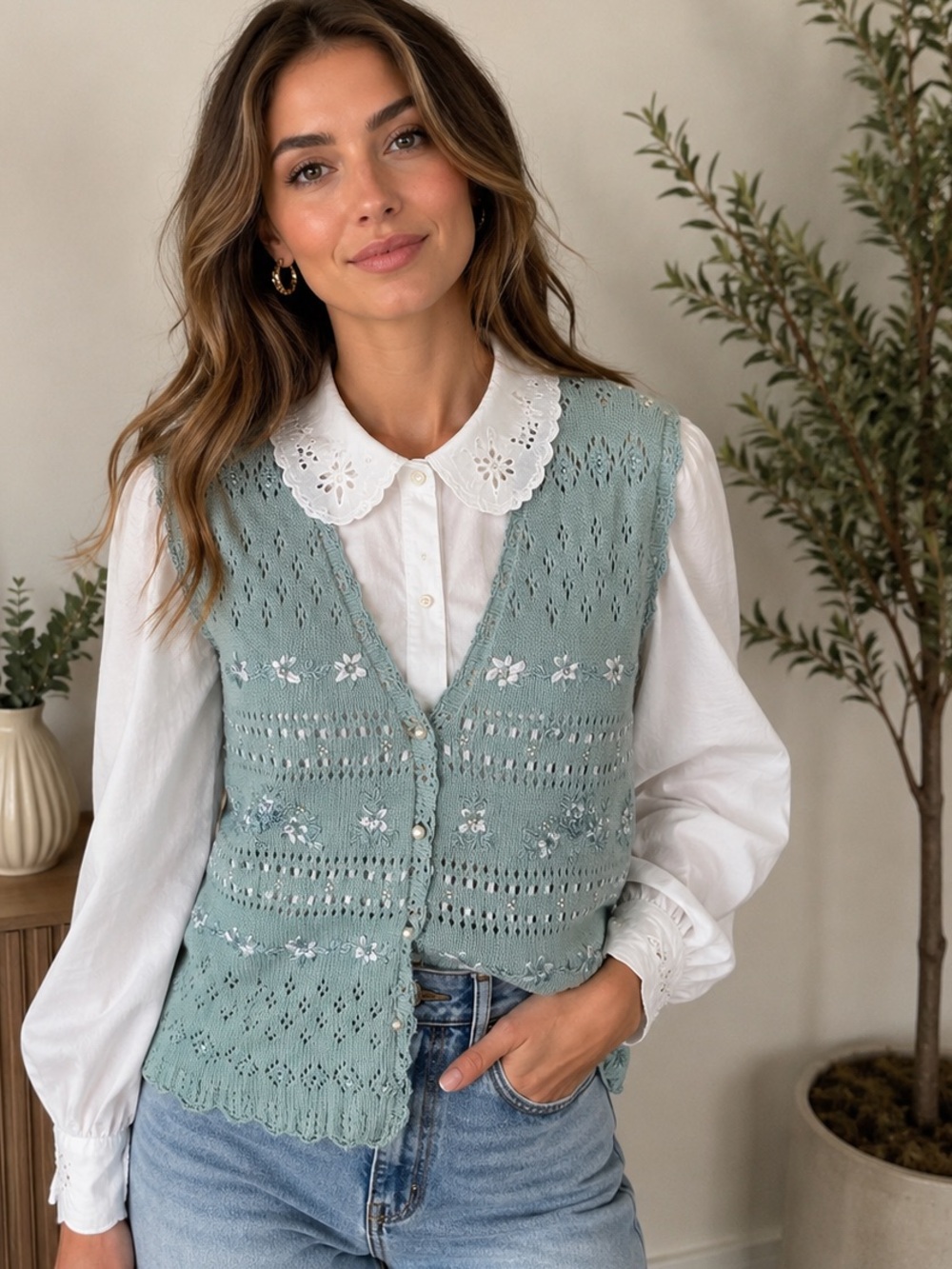 Vintage Napa Valley Sz L Blue Pearl Bead Ribbon Crochet Cottagecore Sweater Vest